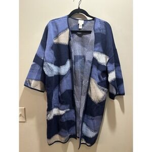 Chico's Cardigan Womens Size 3 Blue Cotton‎ Blend Color Block Open Front Sweater